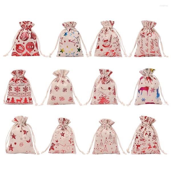 Decoraciones navideñas, 24 Uds., bolsas de dulces con cordón, bolsillos de almacenamiento de yute para Navidad, bolsas de paquete, bolsillo de regalo para fiesta, 10x14cm