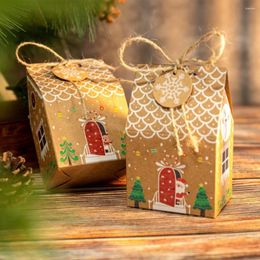 Decoraciones navideñas, 24 Uds., cajas de dulces DIY, forma de casa, caja de regalo con cuerda, paquete para fiesta de Navidad
