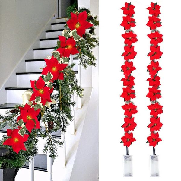 Décorations de Noël 2m 10LED Poinsettia Fleurs Garland String Lights Ornements d'arbre de Noël Intérieur Extérieur Décor à la maison 231018