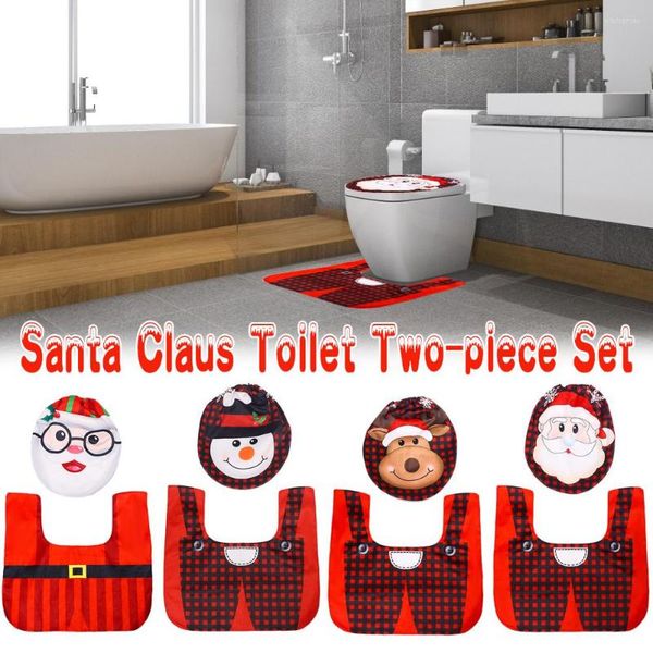 Décorations de Noël 2 pièce/ensemble père noël bonhomme de neige renne couverture de toilette joyeux décor tapis de salle de bain pour la maison ornements de noël