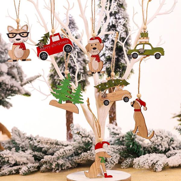 Decoraciones navideñas, 2 uds., colgantes de madera para coche, árbol de Navidad colgante, manualidades de madera DIY, regalo para niños, marca de perro, decoraciones de Año FelizNavidad