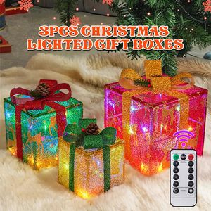 Décorations de Noël 3 PCS Coffrets cadeaux éclairés Lumières pré-éclairées 8 modes Light Up Present Set Tree Jupe Ornement 231130