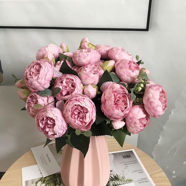 Decorações de Natal 30cm Rosa Rosa Buquê de Seda Peônia Flores Artificiais 5 Cabeças Grandes 4 Pequeno Bud Noiva Casamento Decoração de Casa Falso Falso 230923