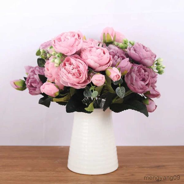 Décorations de Noël 30cm Rose Rose Soie Bouquet Pivoine Fleurs Artificielles 5 Grosses Têtes 4 Petit Bourgeon Mariée Mariage Décoration Faux Fleurs Faux R231107