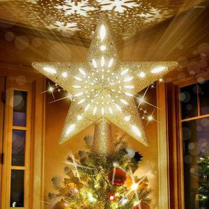 Kerstdecoraties 3D Glitter Star Tree Topper met ingebouwde thuis LED Snowflake Ornament Projector Roterend decor G8E5