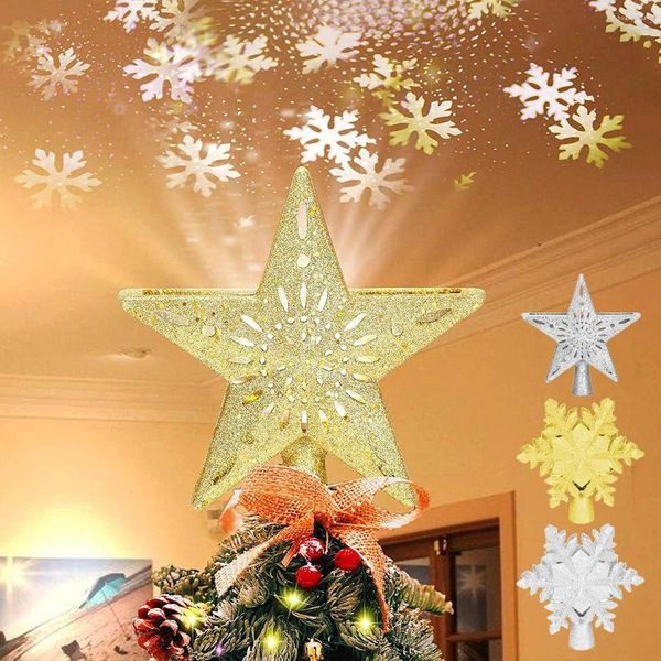 Décorations de Noël 3D Glitter Tree Topper LED Star Projecteur rotatif Snowflake Lights pour les ornements de l'année