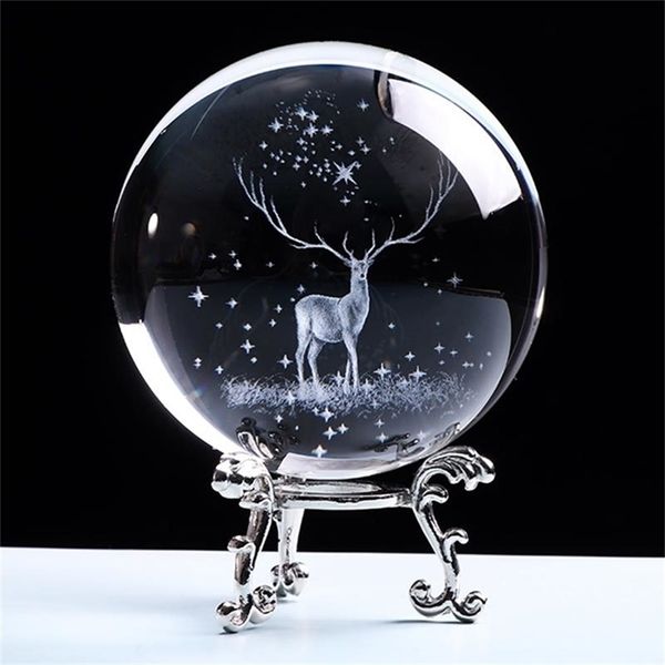 Decoraciones navideñas 3D Wapiti Ball Grabado con láser Globo de cristal Adorno de cristal Reno en miniatura Decoración del hogar Accesorios de decoración navideña Esfera 231030