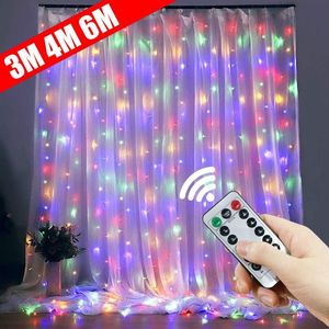 Decoraciones navideñas 3M4M6M LED Cortina Guirnalda en la ventana USB Luces de cadena Hada Control remoto Boda para la habitación del hogar 230919