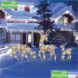 Kerstdecoraties 3pc smeedijzeren hert met LED -licht gloeiende flitsende elanden standbeeld glitter pailletten rendier rendier xmas ornament Home de dh4hu