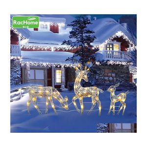 Kerstdecoraties 3pc smeedijzeren hert met LED -licht gloeiende flitsende elanden standbeeld glitter pailletten rendier Xmas Ornament Home D otw3n