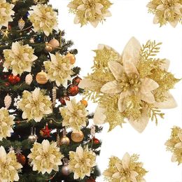 Decoraciones navideñas, 3 uds., 14cm, flores artificiales con purpurina, cabeza de flor de oro rojo, baya, adorno de árbol de Navidad DIY para el año del hogar