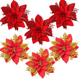 Décorations de Noël 3 pièces fleurs de noël rouge or Bling capitules pour Noel maison décorations d'arbre Navidad fête Table réglage décor fournitures 231009