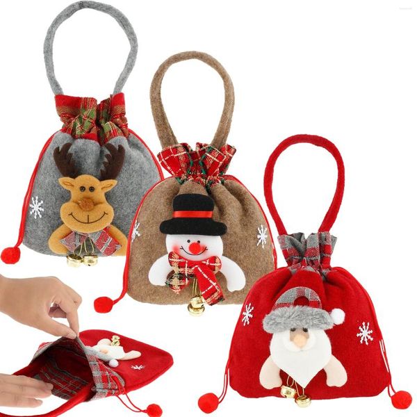 Décorations de Noël 3pcs sacs de poupée cadeau avec cordon de serrage de grande capacité bonbons mignon Santa Snowman Moose réutilisable
