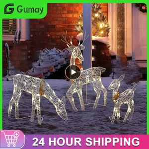 Decorações de Natal 3pcs Arte de ferro Elk Deer Decoração de jardim de Natal com luz LED Brilhante Glitter Rena Xmas Home Outdoor Yard Ornament Decor 231010