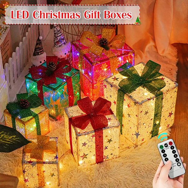 Décorations de Noël 3 pièces/ensemble boîtes à cadeaux lumineuses de noël avec nœuds et boîte à cadeaux LED, ornements d'arbre de noël, fournitures de fête à thème pour la maison 231109