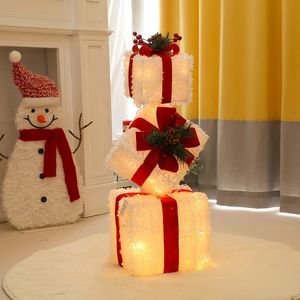 Décorations de Noël 3pcs / Set évidé décoration LED boîte-cadeau avec des lumières d'arc fer art maison extérieure centre commercial supplie 231204