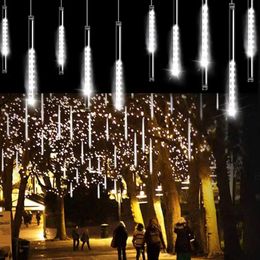 Decoraciones navideñas 4 Set Luces de lluvia de meteoros LED solares para árbol de guirnalda Decorativo Navidad Colorido Cadena de hadas al aire libre 231019