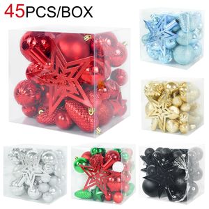 Decorações de Natal 45pcs bola de cor de Natal Árvore de Natal Top Star Decoração Ouro Prata Vermelho Verde Azul Preto Feliz Ano Home DIY Ornamento 221130