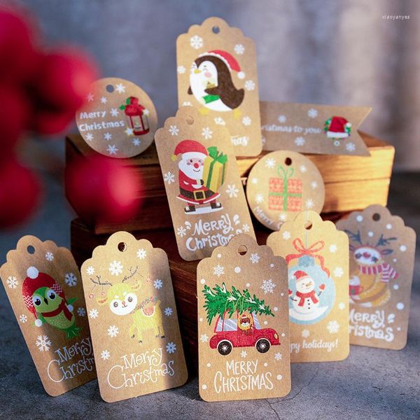 Adornos navideños, 48/50 Uds., etiquetas alegres, etiquetas Kraft DIY, papel para envolver regalos, colgar tarjetas de alces de Papá Noel, suministros para fiestas de Navidad