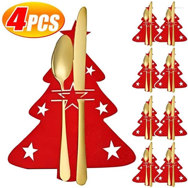 Décorations de Noël 4pcs Porte-couverts Sacs Casquettes de Noël Arbre Flocon de neige Cuillère Poches Couteau Fourchette Ensemble Organisateur de vaisselle Décors