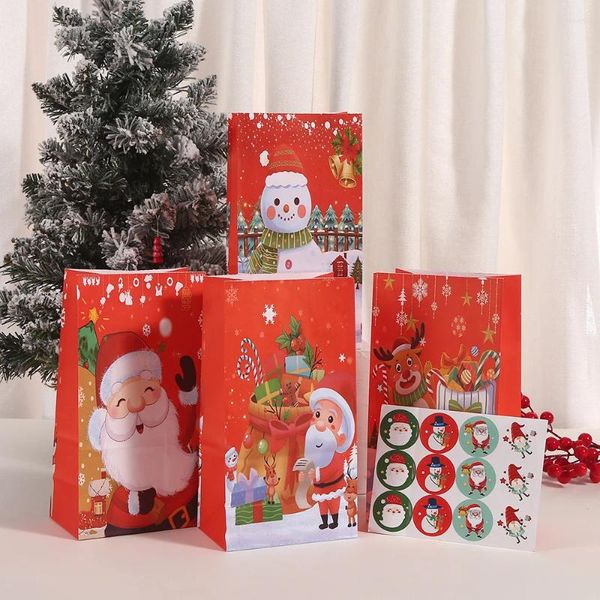 Décorations de Noël 4pcs Sacs cadeaux en papier joyeux père Noël bonhomme de neige rouge profond avec autocollant fournitures de fête de bricolage