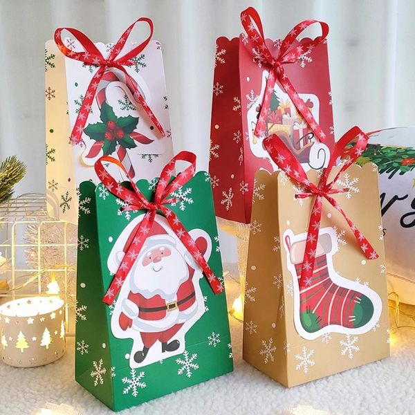 Decoraciones navideñas, 4 Uds., bolsas de feliz regalo, embalaje de decoración, papel Kraft con cinta, sacos de Papá Noel, dulces, año de Navidad