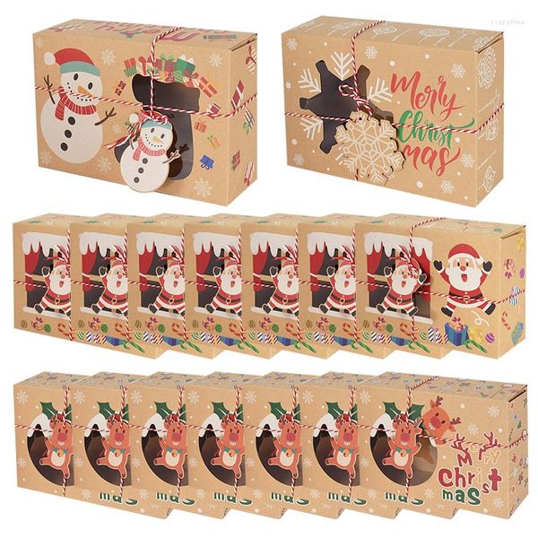 Décorations de Noël 4pcs Joyeux Kraft Papier Cookie Cadeaux Boîtes Fenêtre Claire 2022 Navidad Enfants Cadeau Emballage Boîte Sacs Noel Année 2023
