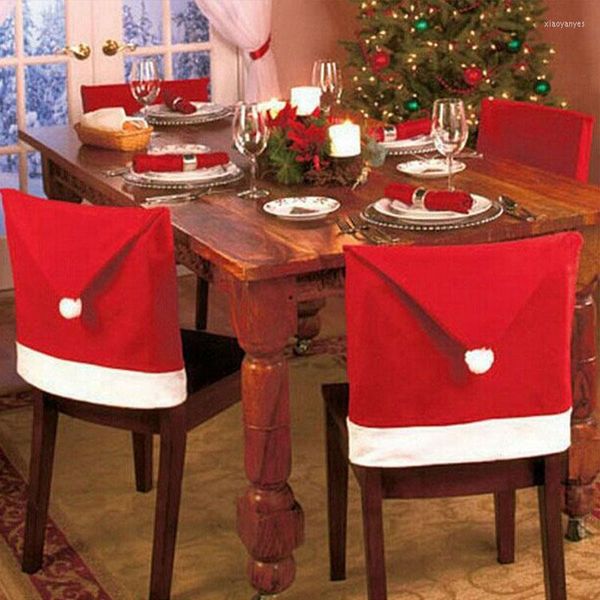 Decoraciones navideñas, 4 Uds., cubiertas para sillas con sombrero rojo de Papá Noel, decoración feliz, juegos de gorros de Navidad para cena, decoración interior para habitación del hogar, venta al por mayor