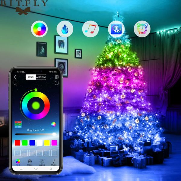 Décorations de Noël 5/10/20 M LED Bluetooth chaîne lumière arbre de noël décoration télécommande USB mariage Navidad guirlande rideau lampe fée maison 231026