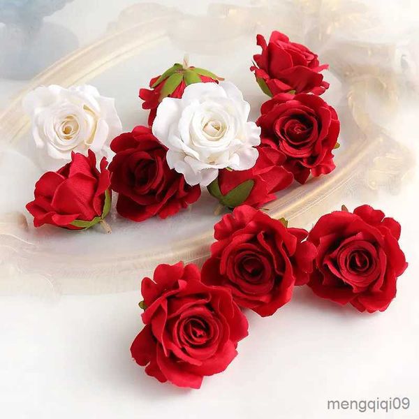 Décorations de Noël 5/10pcs soie rose tête de fleur artificielle maison mariage décoration murale noël bricolage couronne boîte de bonbons décor de gâteau