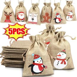 Decoraciones navideñas, 5/1 Uds., bolsas de yute naturales de Navidad, 10x14/13x18/15x20cm, bolsa de regalo para dulces, bolsas con cordón, embalaje de joyería para pulsera