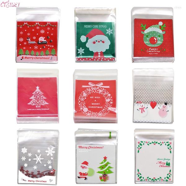 Decoraciones navideñas, 50/100 Uds., 10x10cm, bolsas de dulces, galletas de Papá Noel, aperitivos, embalaje de comida, bolsa de regalo, suministros de decoración navideña