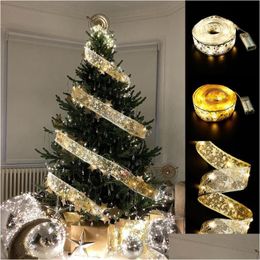 Kerstdecoraties 50 LED 5m Dubbele laag Fairy Lights Strings Lint Bows with Tree Ornamenten Jaar Navidad Home Decor Drop Deliv Dhxht