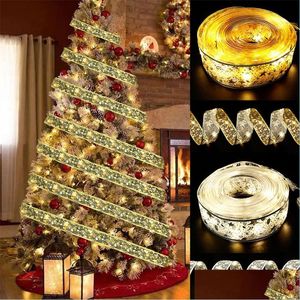 Kerstdecoraties 50 LED 5m Dubbele laag Fairy Lights Strings Christmas Ribbon Bows with Tree Ornamenten Nieuwjaar Navidad Home de Dhtgb