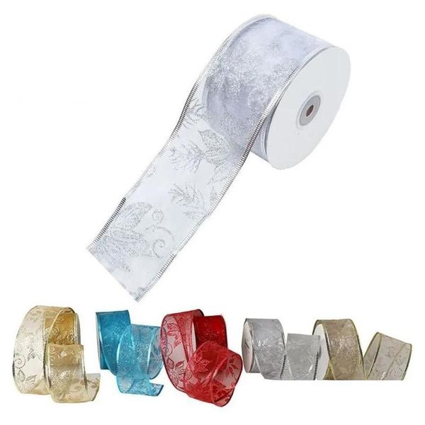 Decoraciones navideñas 50 yardas / rollo Flor Glitter Sheer Cinta con cable para la fiesta de bodas Decoración del árbol de Navidad DIY Bow Craft J1209 Dro Dhnit