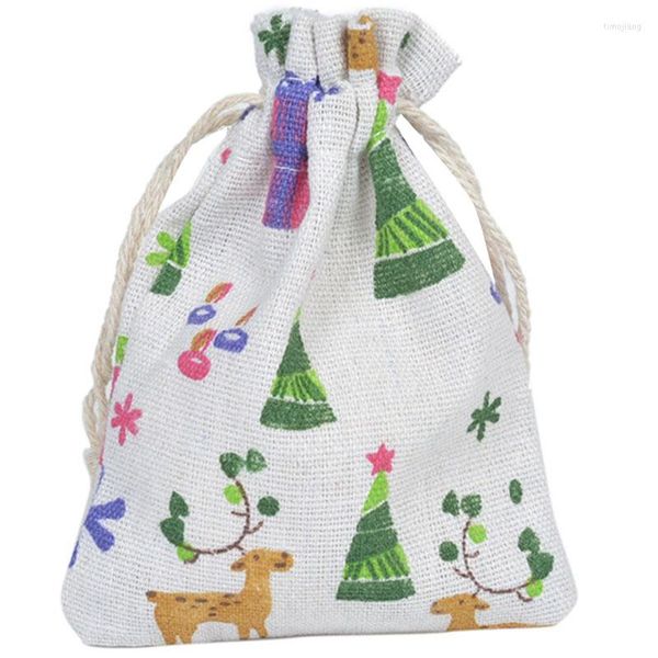 Décorations de Noël 50pcs Sac de bonbons Sacs-cadeaux en lin Sacs-cadeaux Deer Elk Ride Enfants Année Cadeaux Emballage Stockage Événement Fête Déco