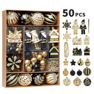 Décorations de Noël 50pcs nouveauté boules de Noël ornements cadeau noir or paquet ensemble élan nordique décoratif pour arbre de Noël Navidad fête décoration 231010