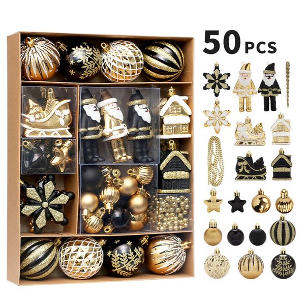 Décorations de Noël 50pcs nouveauté boules de Noël ornements cadeau noir or paquet ensemble élan nordique décoratif pour arbre de Noël Navidad fête décoration 230920