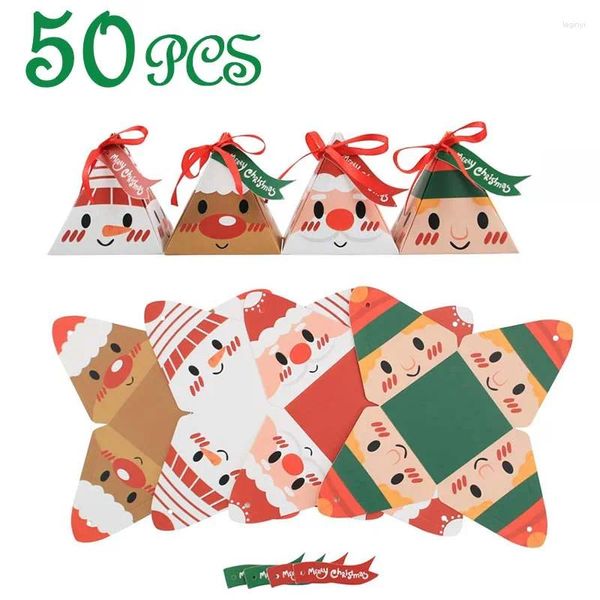 Decoraciones navideñas, 50 Uds., caja triangular, feliz caramelo, papel Kraft, bolsa de embalaje de regalo, favores de fiesta, suministros de decoración