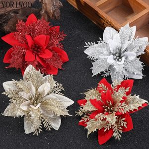 Décorations de Noël 510pcs fleurs artificielles paillettes fausse tête de fleur joyeux arbre noël ornements de noël année cadeau 231017