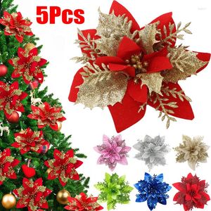 Décorations de Noël 5pcs Simulation de fleurs artificielles Glitter Poinsettia Floral DIY Guirlandes Ornements d'arbre de Noël Fête de mariage