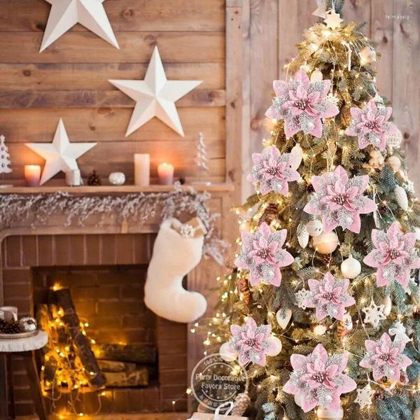Decoraciones navideñas, 5 uds., flores rosas brillantes, decoración feliz para el año del hogar, árbol de Navidad, adorno de flores artificiales de 14,5 cm, 2023