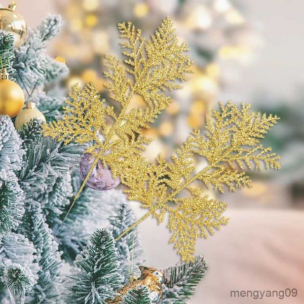 Décorations de Noël 5pcs Glitter Feuilles d'or rose Ornements d'arbre de Noël Plantes artificielles Branches de pin pour la décoration de la maison Navidad Nouvel An 2023 R231107