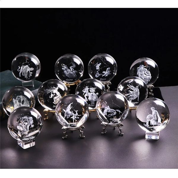 Décorations de Noël 60 mm 3D Zodiac Sign Star Boule de cristal gravé au laser Sphère de verre Crystal Craft Home Decor Anniversaire Cadeau Ornement 231214