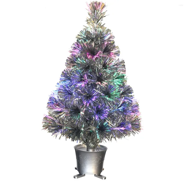 Decoraciones navideñas 60 cm Plata Mini Fibra Óptica Mesa Árbol artificial con luces LED Base Mesa de Navidad