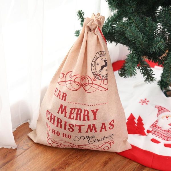 Décorations de Noël 67x48cm Grands Sacs Rustique Père Noël Cadeau Bonbons Sacs Présente Coton Lin Tissu Joyeux HoHOHO1