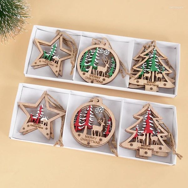 Décorations de Noël 6pcs arbre créatif pendentifs en bois évidés de Noël en couleur
