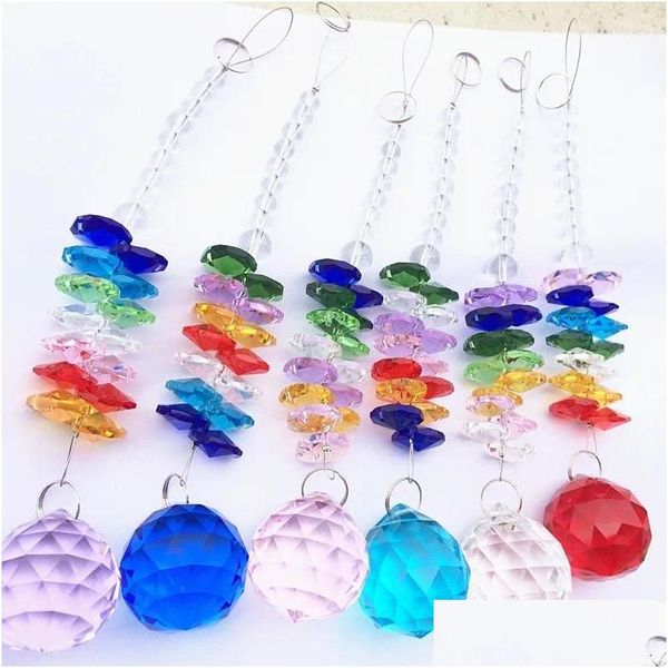 Décorations de Noël 6pcs / lot Nice 220mm H couleurs mélangées perles octogonales avec des brins de guirlande de boule à facettes en verre cristal Suncatcher Dr DH4U6