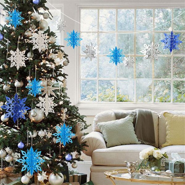 Decoraciones navideñas 6 unids/set azul/plata copo de nieve adornos colgantes 2022 año para el hogar árbol de Navidad colgante Navidad