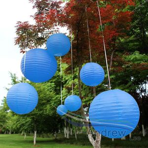 Decoraciones navideñas 7 piezas / juego Tamaños mixtos (10 cm-40 cm) Linternas de papel redondas chinas de color azul real para la fiesta de cumpleaños de Mariage Bola colgante